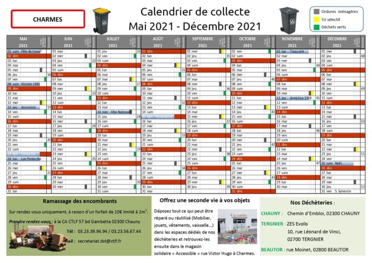 Commune de CHARMES - Calendrier de collecte des déchets ménagers - MAI - DEC 2021