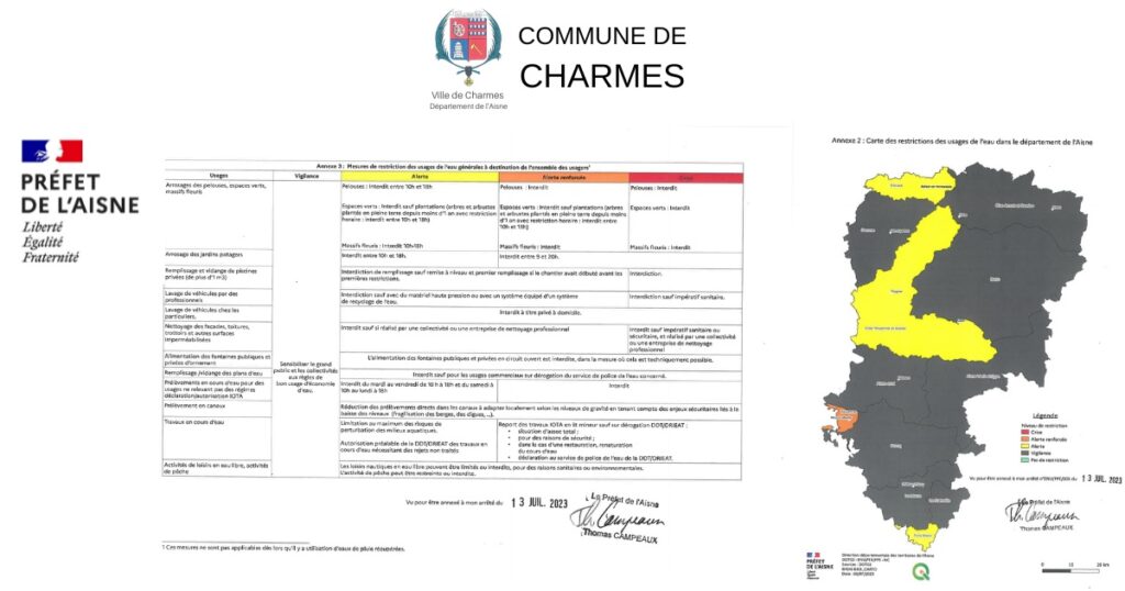 arrêté préfectoral n° 2023ENVPPE005 du 13 juillet 2023 réglementant provisoirement l'usage de l'eau - Commune Charmes Aisne