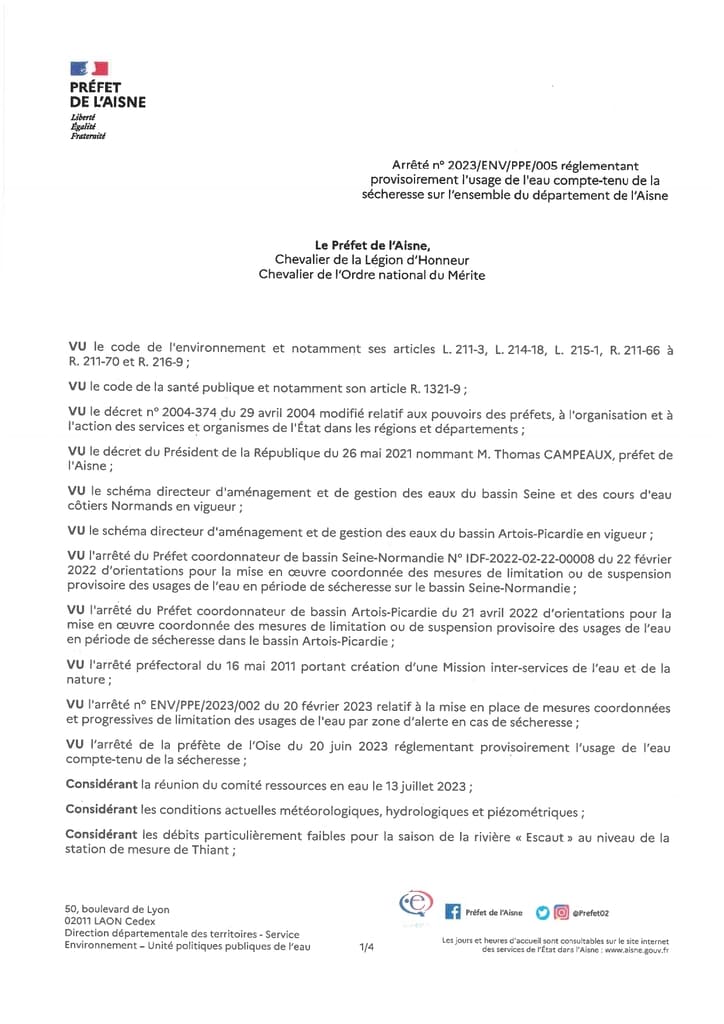 arrêté préfectoral n° 2023ENVPPE005 du 13 juillet 2023 réglementant provisoirement l'usage de l'eau -img- Commune Charmes Aisne