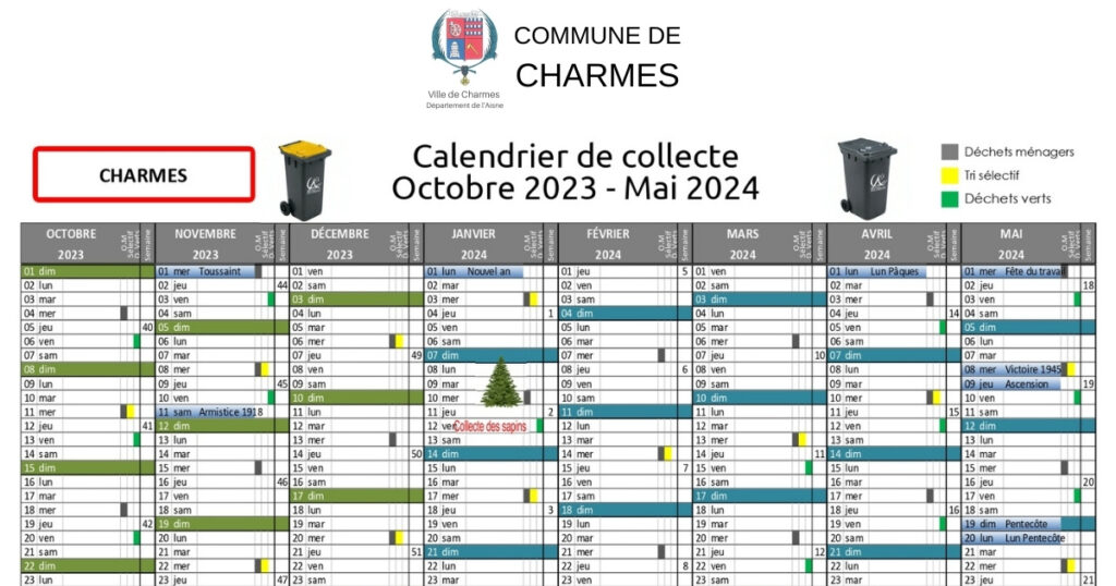 calendrier collecte déchets 2023-2024 - Commune Charmes Aisne