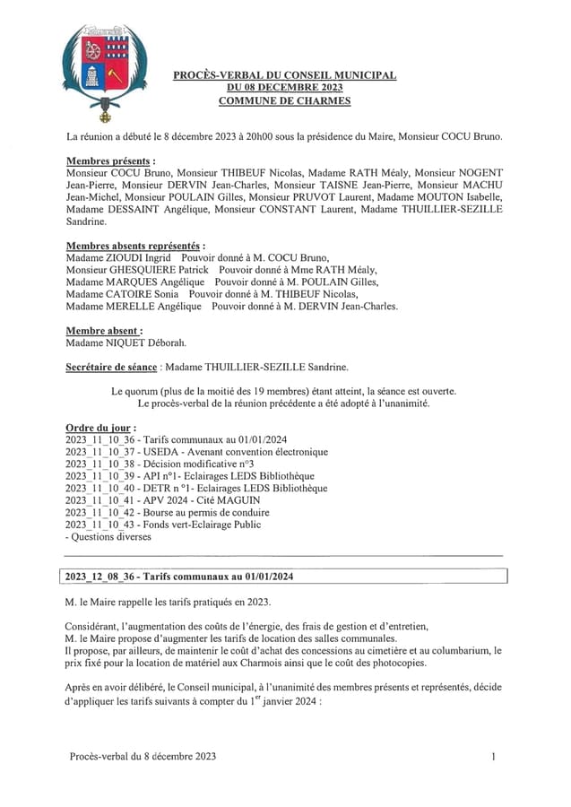 Procès-verbal du CM du 08 décembre 2023 - Commune de Charmes Aisne