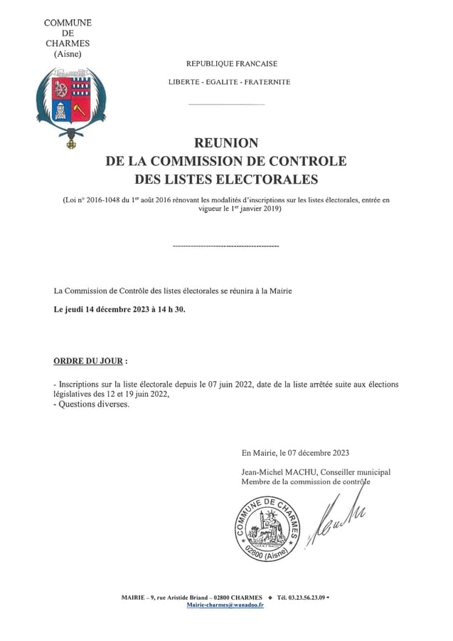 Réunion de la commission de contrôle des listes électorales du 14 décembre 2023 -courrier - Commune Charmes Aisne