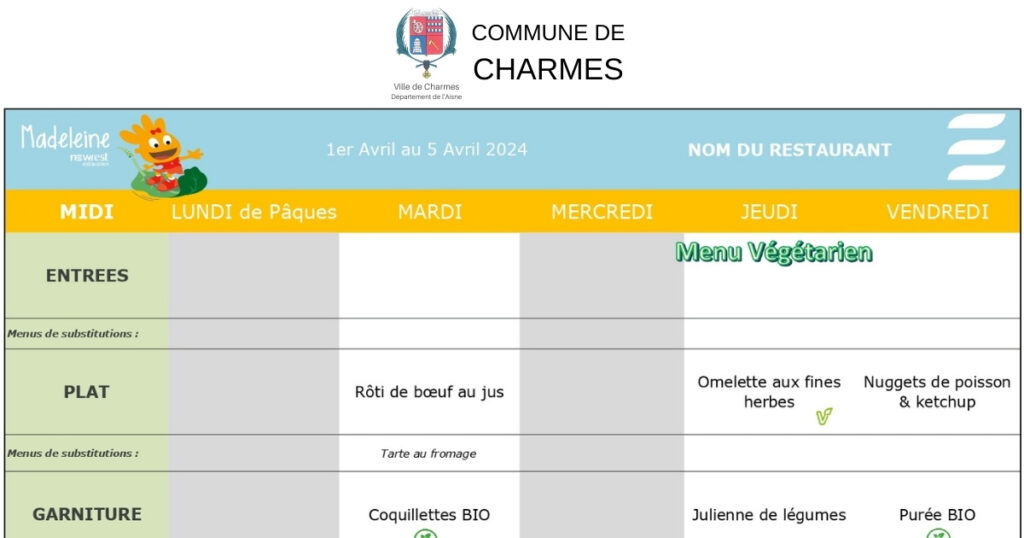 Menus du 11 mars au 19 avril 2024 -FB- Commune Charmes Aisne