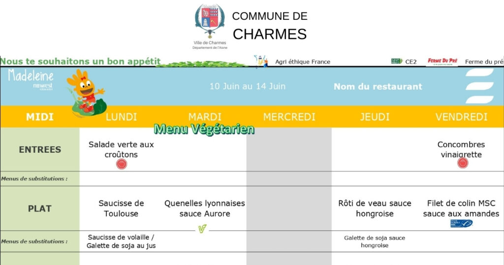 Menus du 6 mai au 5 juillet 2024 - Commune Charmes Aisne