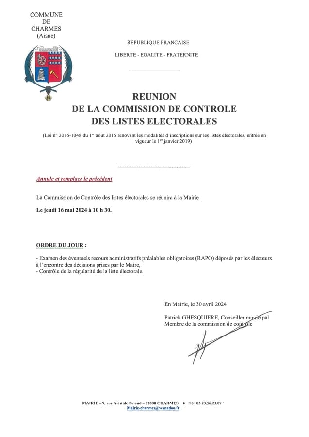 Commission de contrôle du 16 mai 2024 - Commune de Charmes Aisne