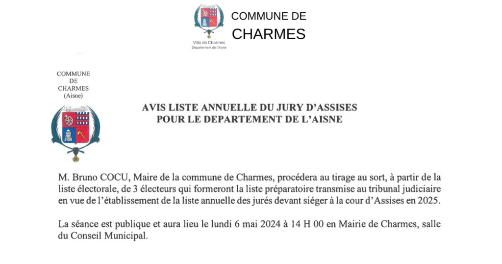 Jury d'assises - tirage au sort de trois électeurs de la commune - Commune Charmes Aisne