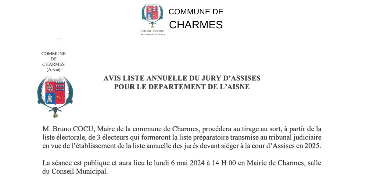 Jury d'assises - tirage au sort de trois électeurs de la commune - Commune Charmes Aisne