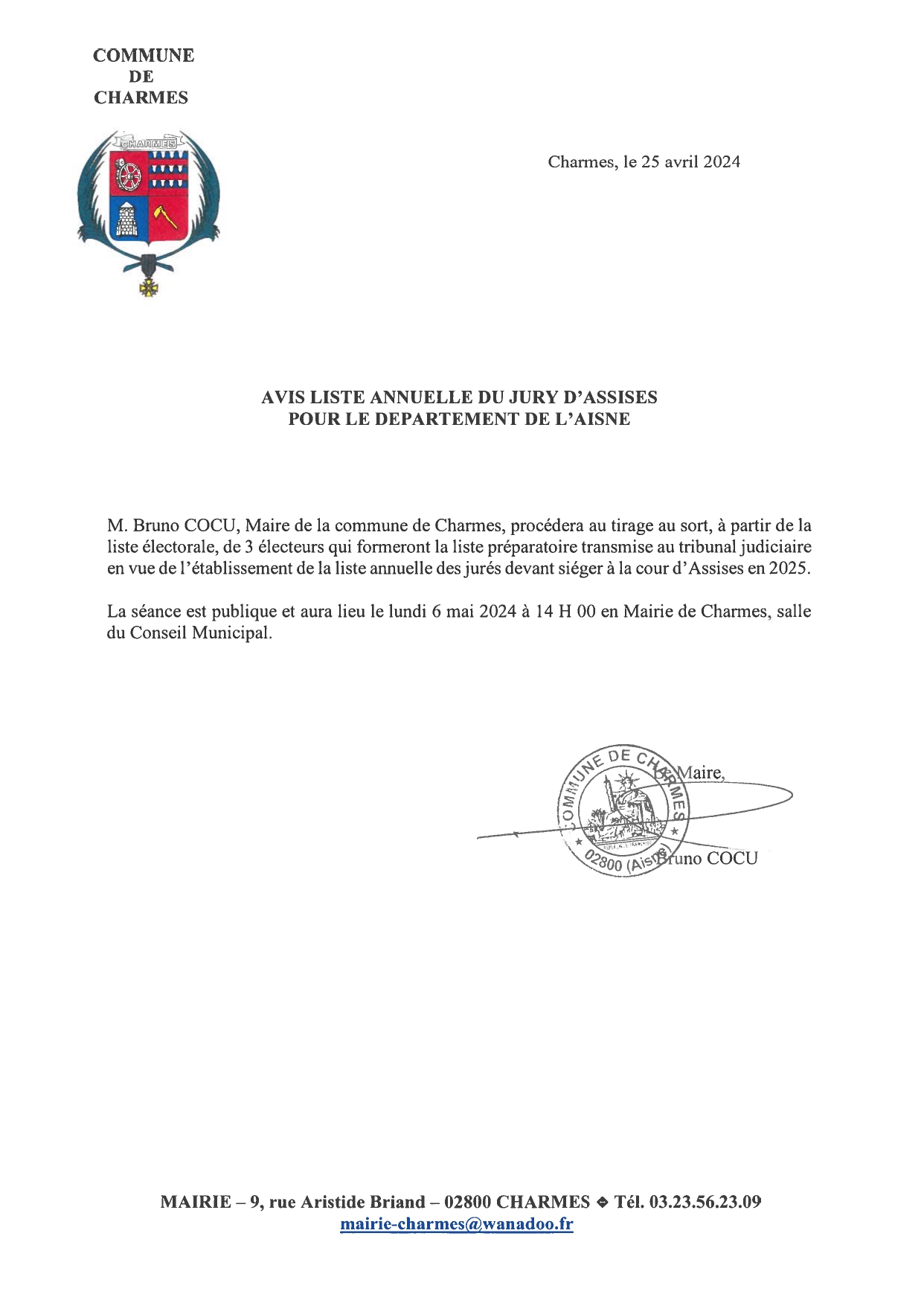 Jury d'assises - tirage au sort de trois électeurs de la commune -avis- Commune Charmes Aisne