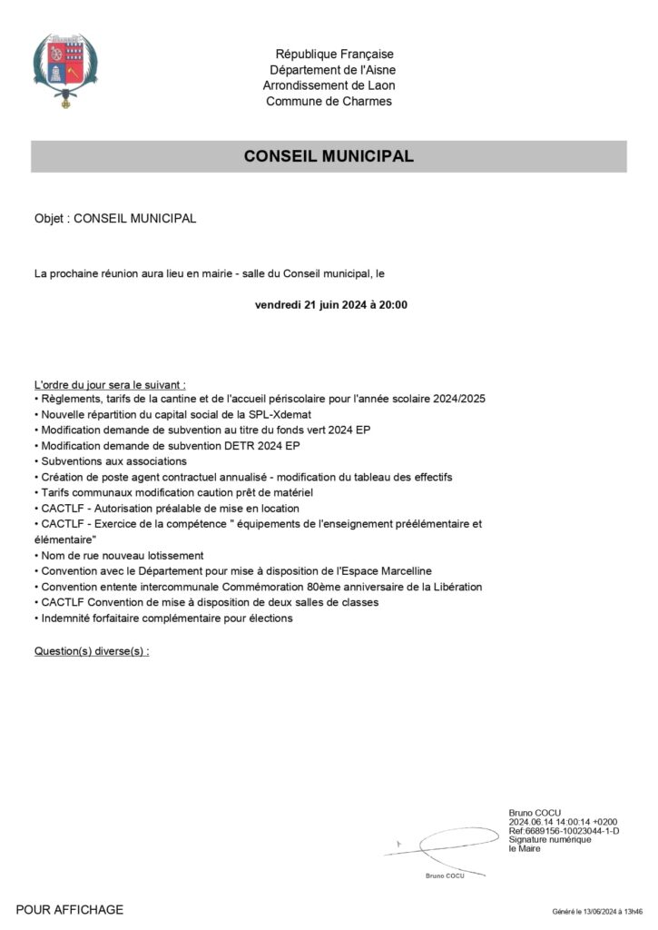 Ordre du jour du conseil municipal du 21-06-24 -Mairie Charmes Aisne
