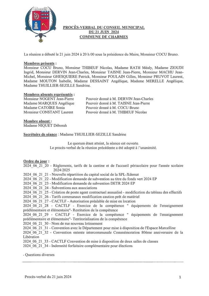 Procès-verbal du CM du 21 juin 2024 - Commune de Charmes Aisne