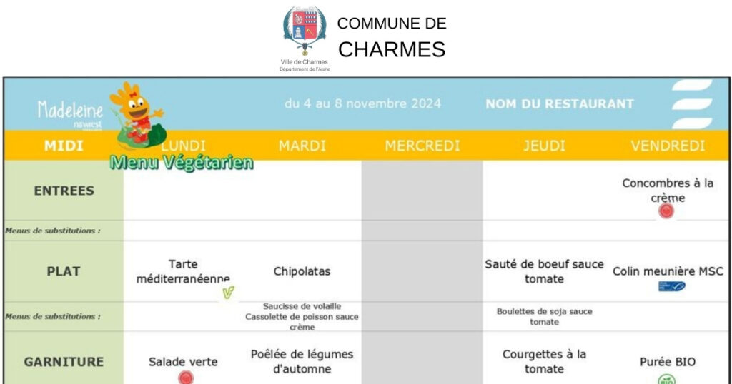 Menu de la cantine du 04 novembre au 20 décembre 2024 - Commune Charmes Aisne