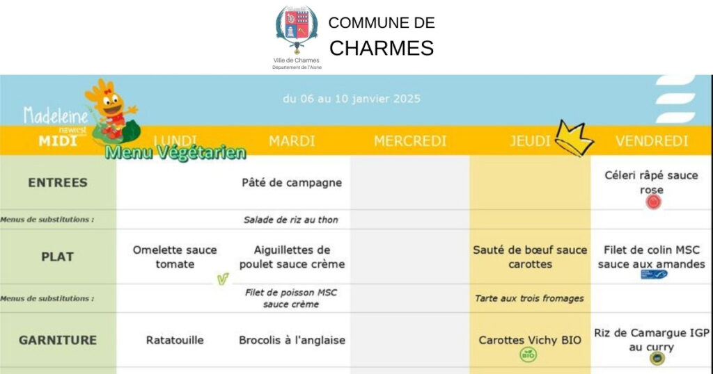 Menus du 06 janvier au 07 février 2025 - Commune de Charmes Aisne