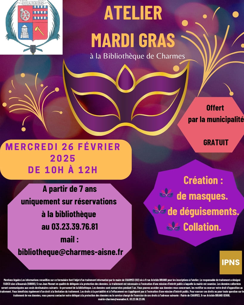 Atelier Mardi Gras à la Bibliothèque de Charmes - Affiche - Commune de Charmes Aisne