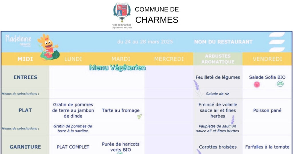 Menus du 24 février au 04 avril 2025 -fb- Commune de Charmes Aisne