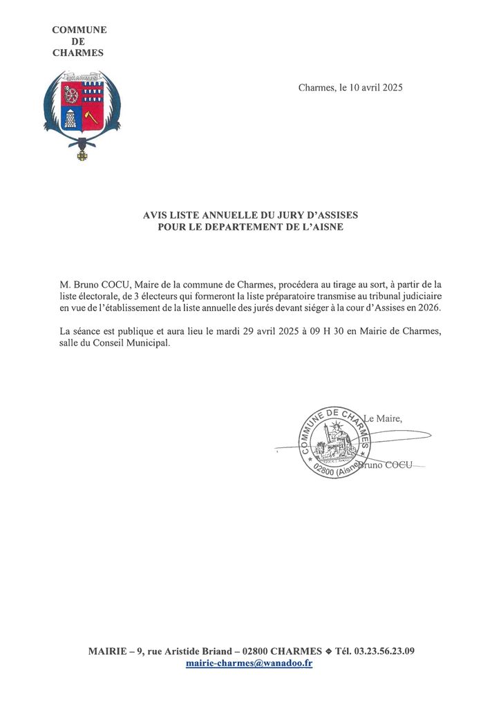 Avis liste annuelle jury d'assises 2026 - Commune Charmes Aisne