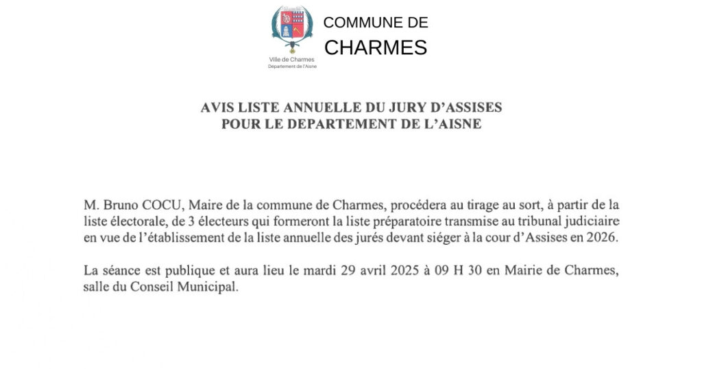 Avis liste annuelle jury d'assises 2026 -FB- Commune Charmes Aisne