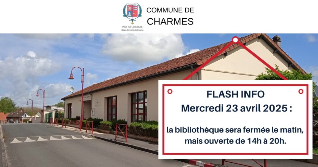 Mercredi 23 avril 2025 : la bibliothèque sera fermée le matin, mais ouverte de 14h à 20h.