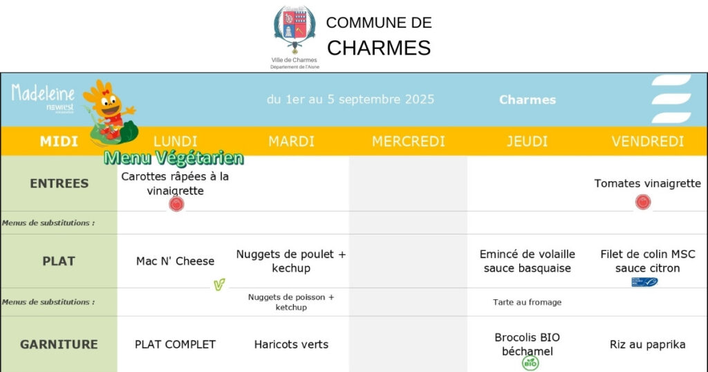 Menus du 01 septembre au 17 octobre 2025 -Une- Commune Charmes Aisne
