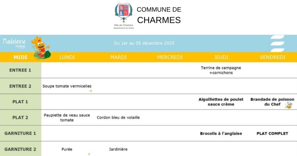 Restauration scolaire - menus du 03 novembre au 19 décembre 2025 -Une- Commune Charmes Aisne