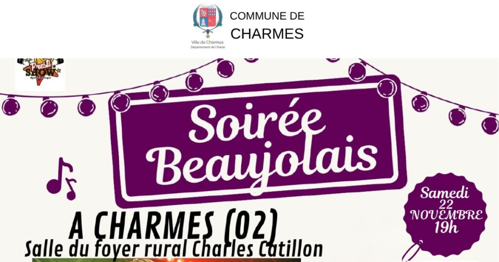 Soirée Beaujolais à Charmes - 22 novembre 2025 -Une- Commune Charmes Aisne