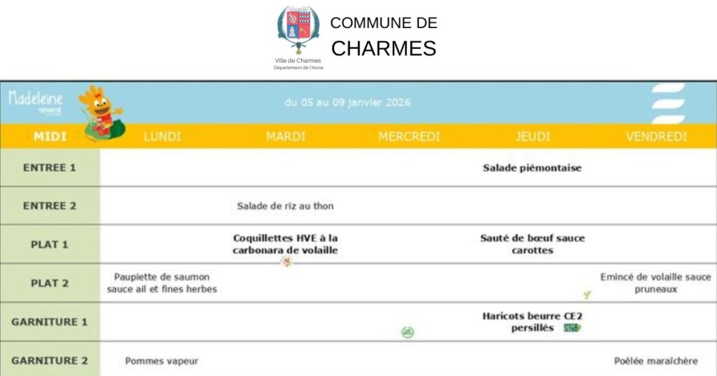 Restauration scolaire - Menus du 05 janvier au 13 février 2026 - Commune de Charmes Aisne -Une- Commune Charmes Aisne