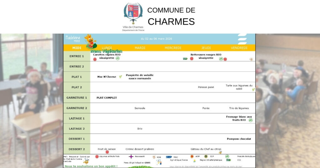 Menus de la restauration scolaire du 02 mars au 10 avril 2026 -Une- Commune Charmes Aisne