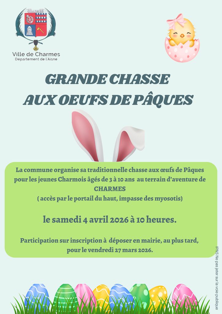 La chasse aux œufs de Pâques arrive à Charmes - affiche - Commune de Charmes Aisne
