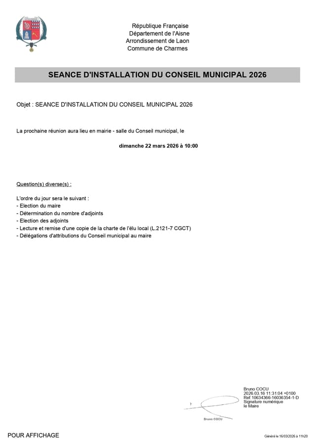 Ordre du jour de l'installation du CM du 22 mars 2026 - Commune de Charmes Aisne