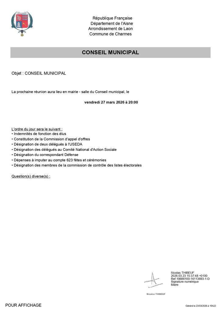 Ordre du jour du CM du 27 mars 2026 - Commune de Charmes Aisne