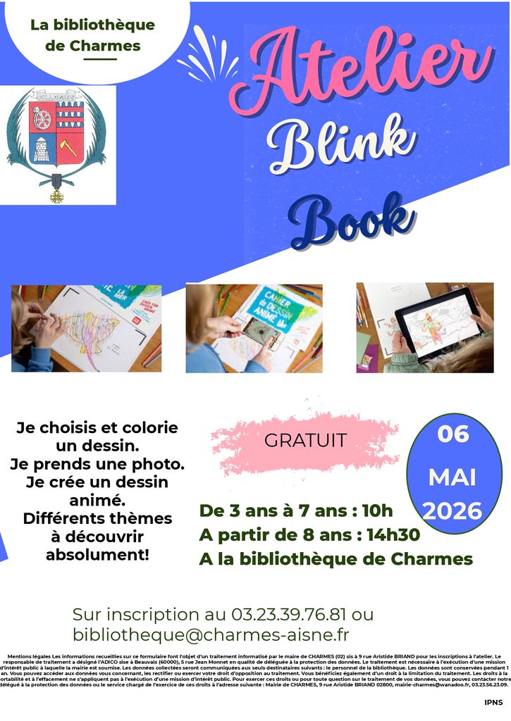 Atelier Blink Book à la bibliothèque de Charmes -affiche- Commune Charmes Aisne