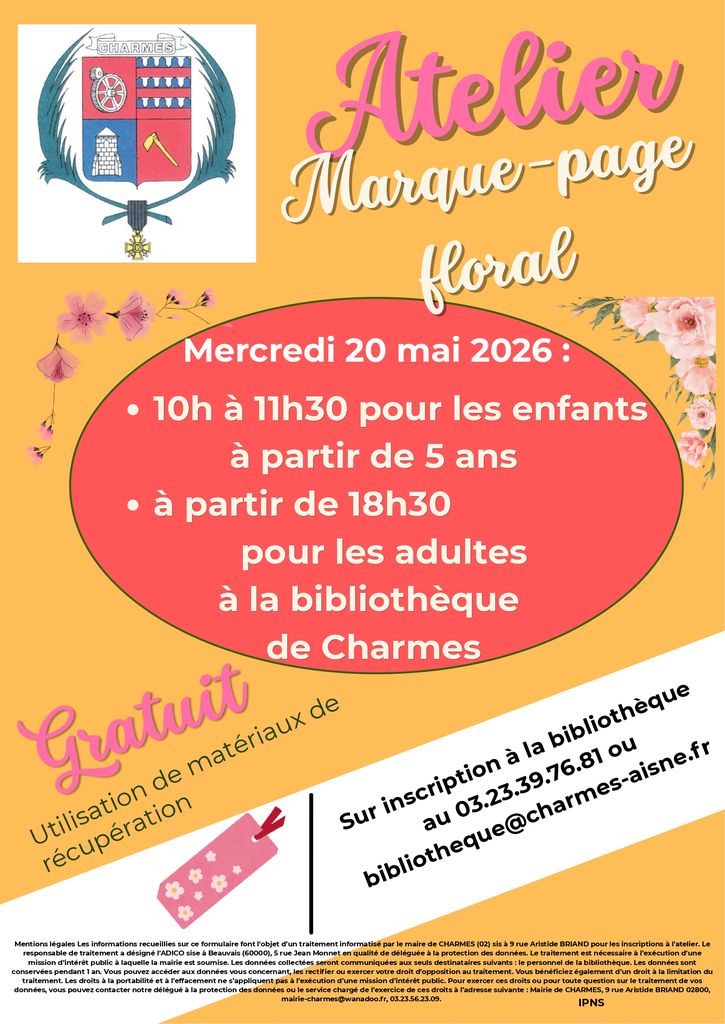 Atelier marque-page floral à la bibliothèque -affiche- Commune Charmes Aisne