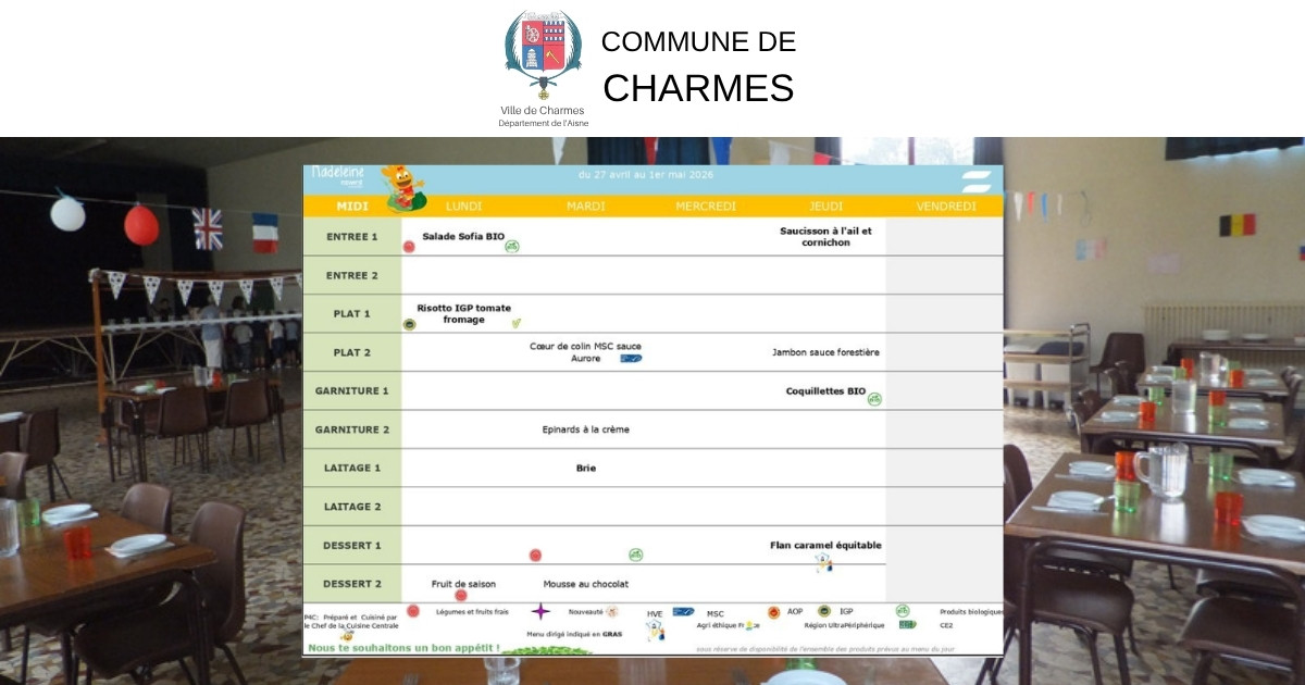 Menus du 27 avril au 03 juillet 2026 -Une- Commune Charmes Aisne