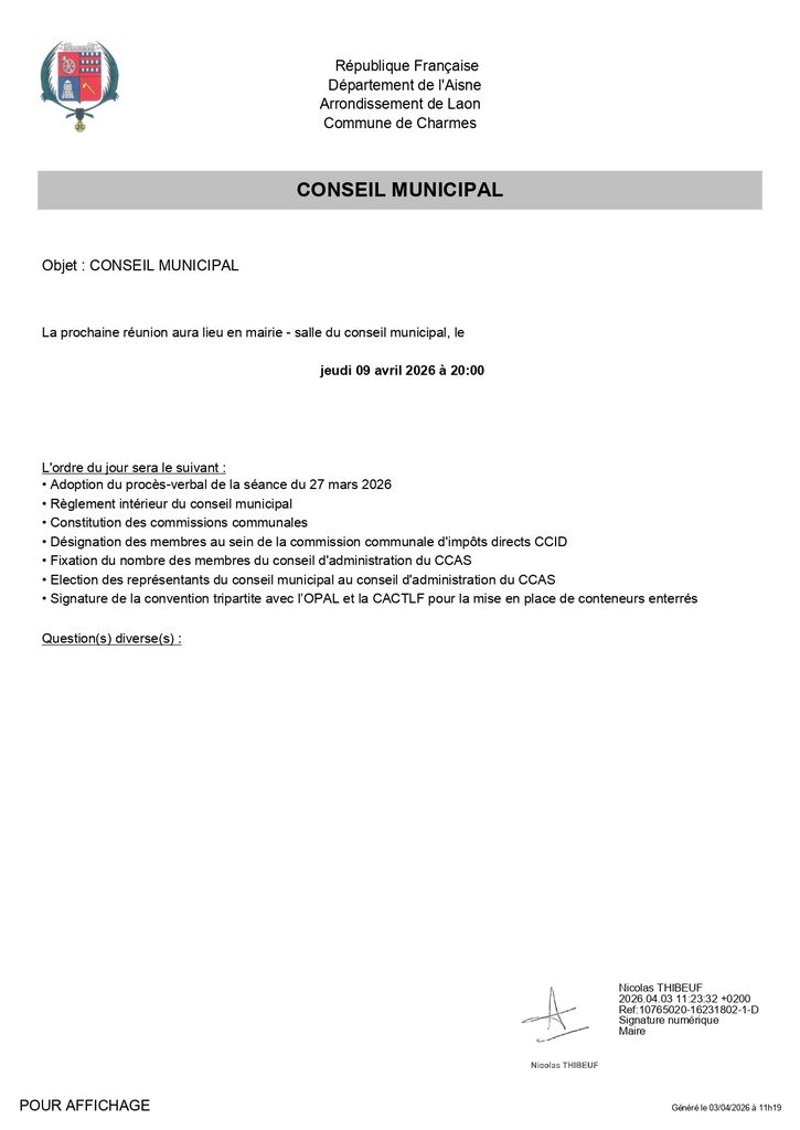 Ordre du jour du CM du 09 avril 2026 - Commune Charmes Aisne