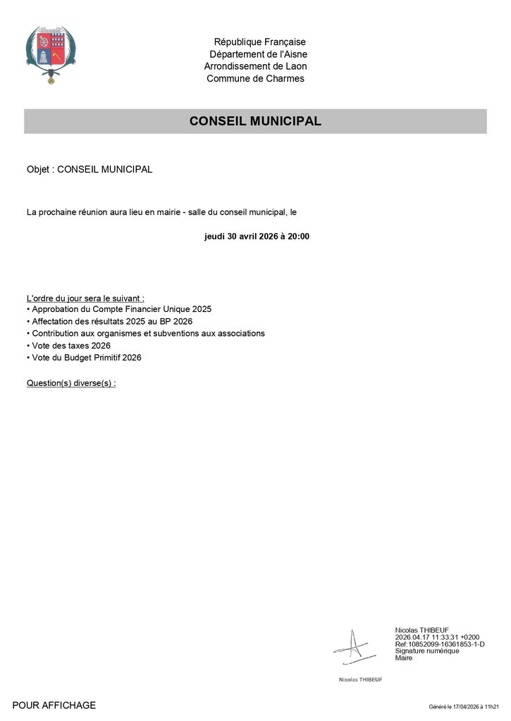 Ordre du jour du CM du 30 avril 2026 - Commune de Charmes Aisne