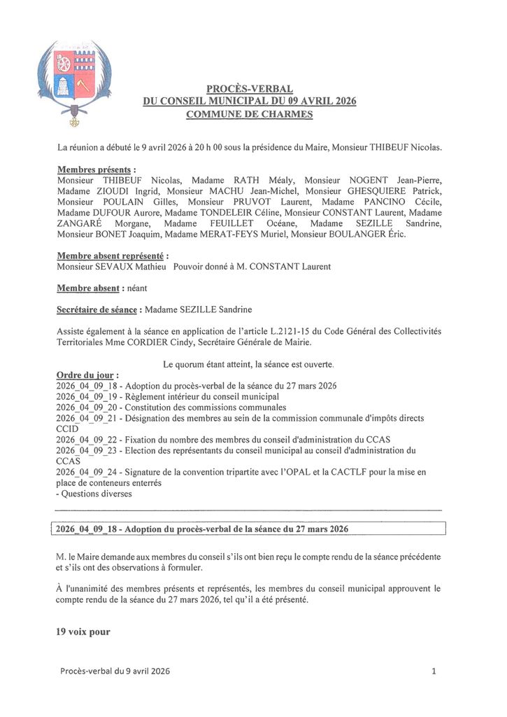 Procès-verbal du CM du 09 avril 2026 - Commune de Charmes Aisne