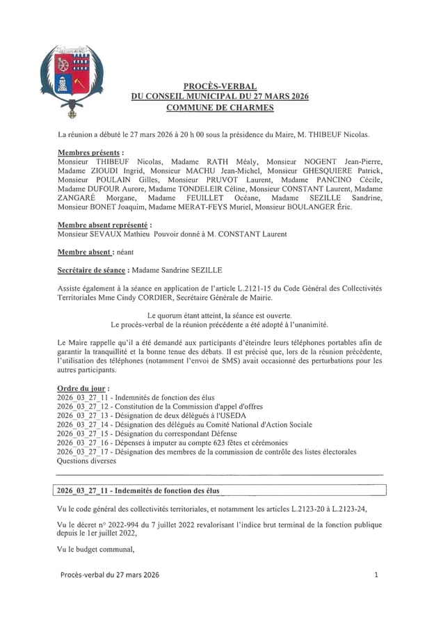 Procès-verbal du CM du 27 mars 2026 - Commune de Charmes Aisne