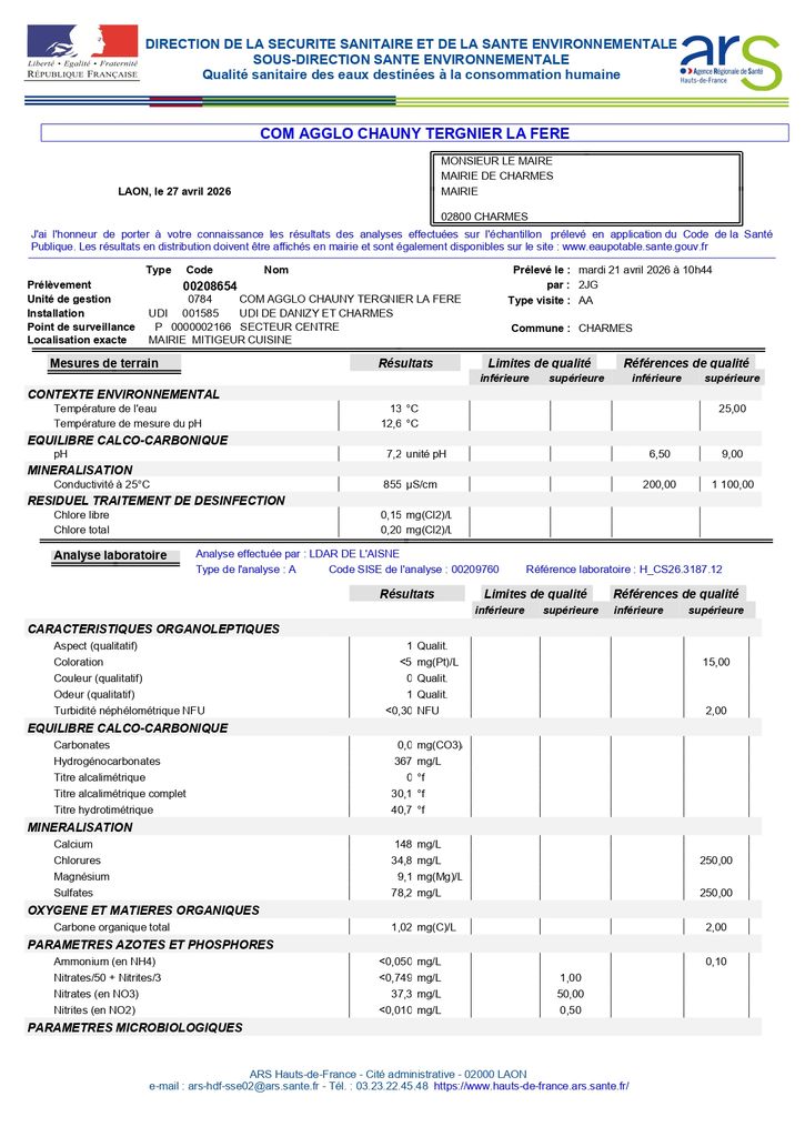 Qualité de l’eau potable à Charmes - Résultats du contrôle sanitaire d’avril 2026_page-0001