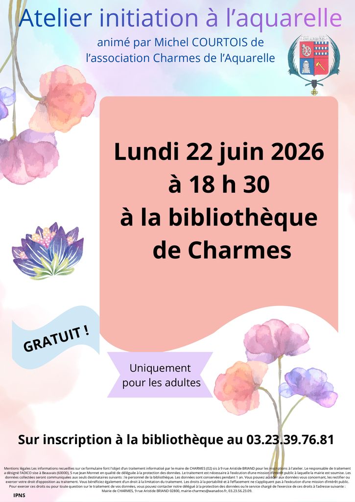 Atelier d’initiation à l’aquarelle à la bibliothèque de Charmes -affiche- Commune Charmes Aisne