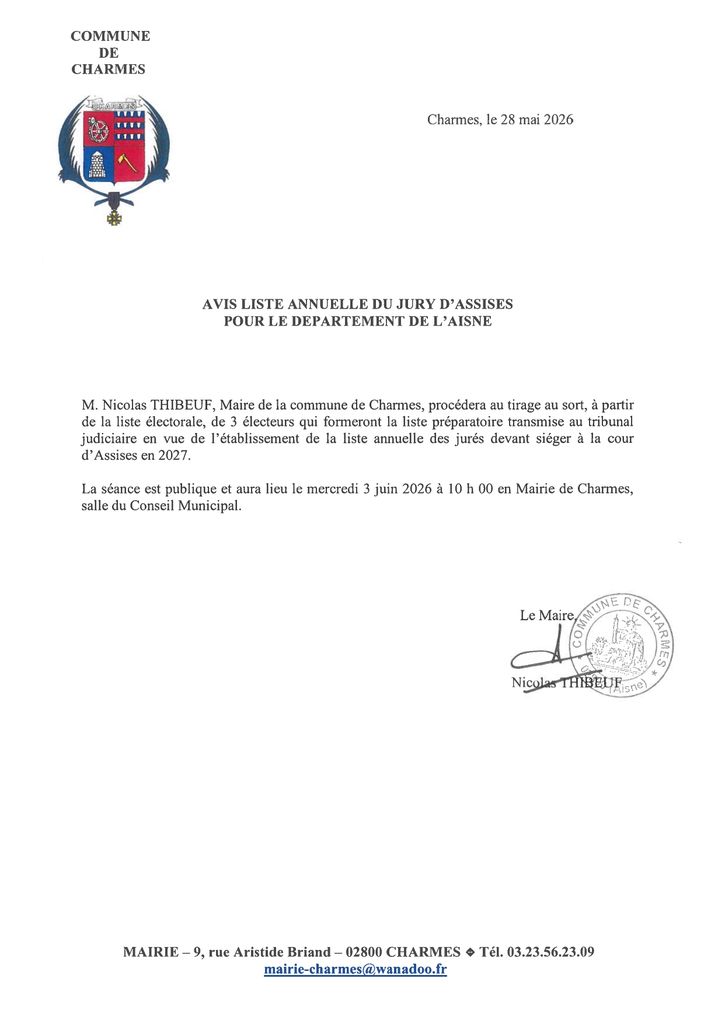 Avis - Liste annuelle du jury d’assises pour le département de l’Aisne - Commune Charmes Aisne