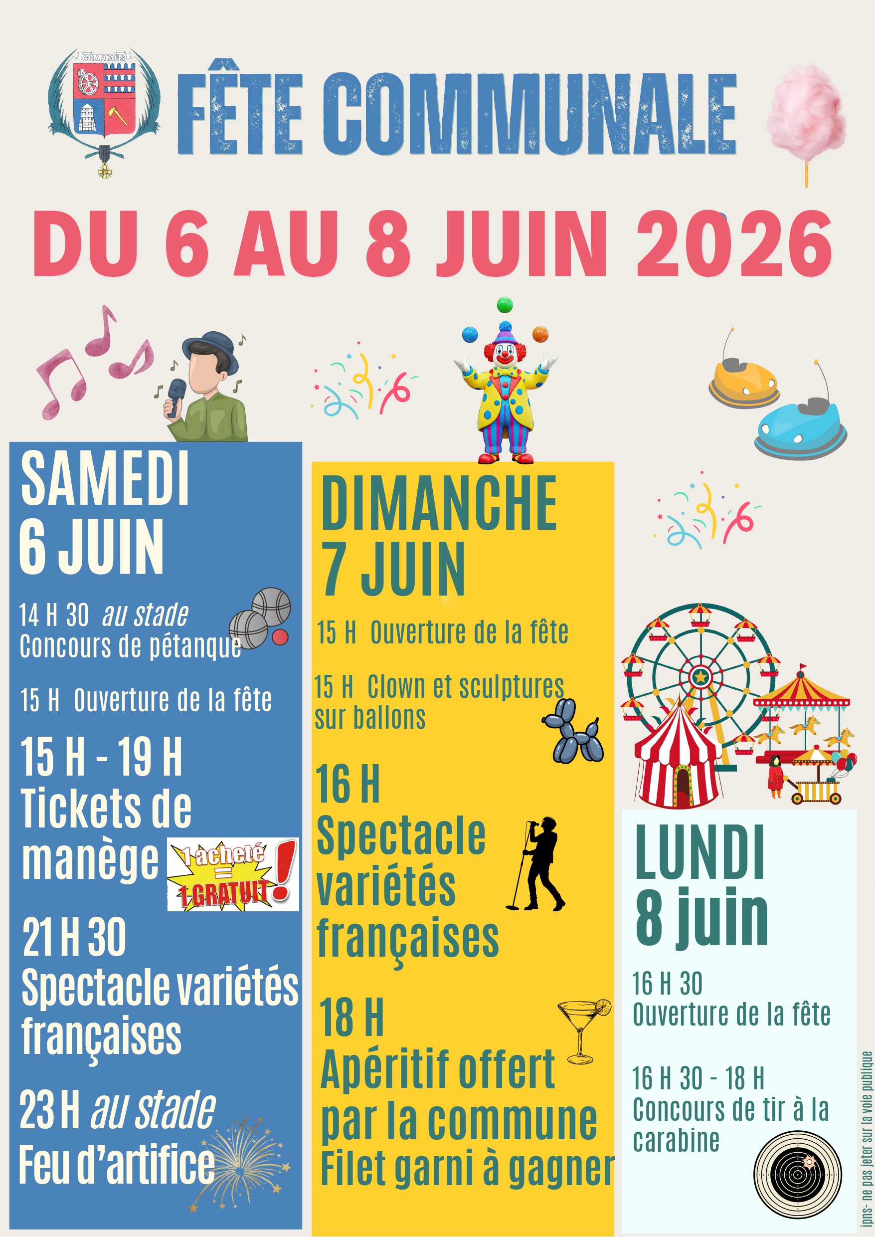 Fête communale de Charmes du 6 au 8 juin 2026 -affiche- Commune Charmes Aisne