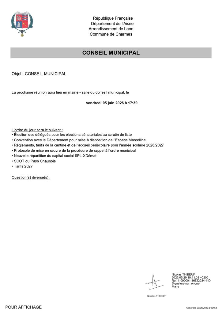 Ordre du jour du CM du 05 juin 2026 - Commune de Charmes Aisne