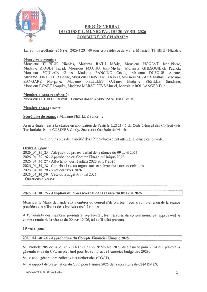 Procès-verbal du CM du 30 avril 2026