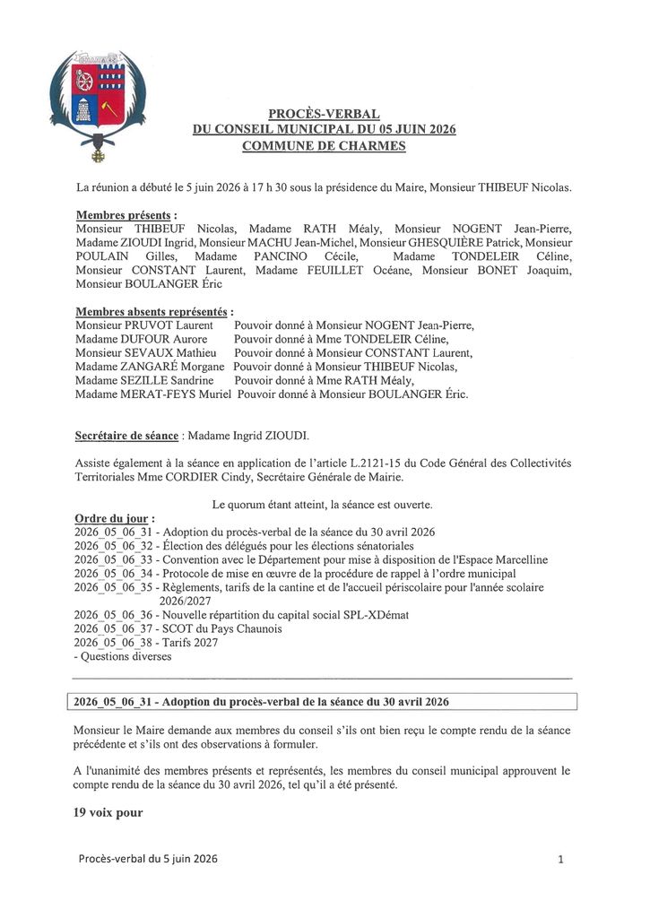 Procès-verbal du CM du 05 juin 2026 - Commune Charmes Aisne
