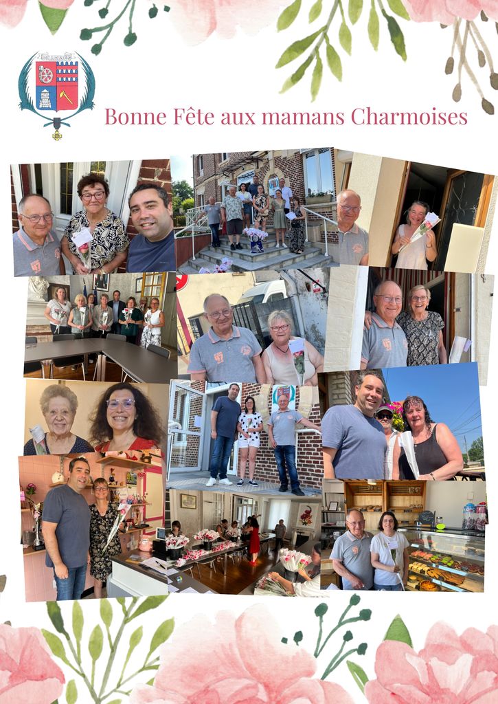 Pêle-mêle de photos réalisé à l’occasion de la Fête des Mères 2026 à Charmes, avec la remise d’une rose aux mamans inscrites en mairie.
