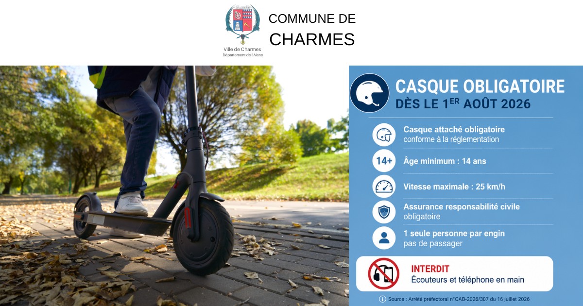 Casque obligatoire en trottinette dans l’Aisne dès le 1er août 2026 -Une- Commune Charmes Aisne