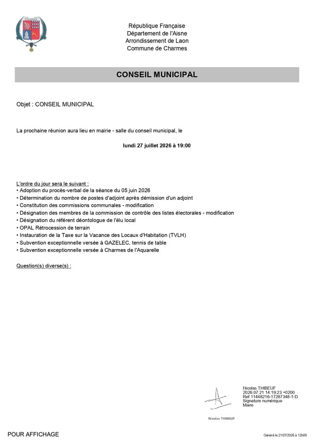 Ordre du jour du CM du 27 juillet 2026 - Commune de Charmes Aisne