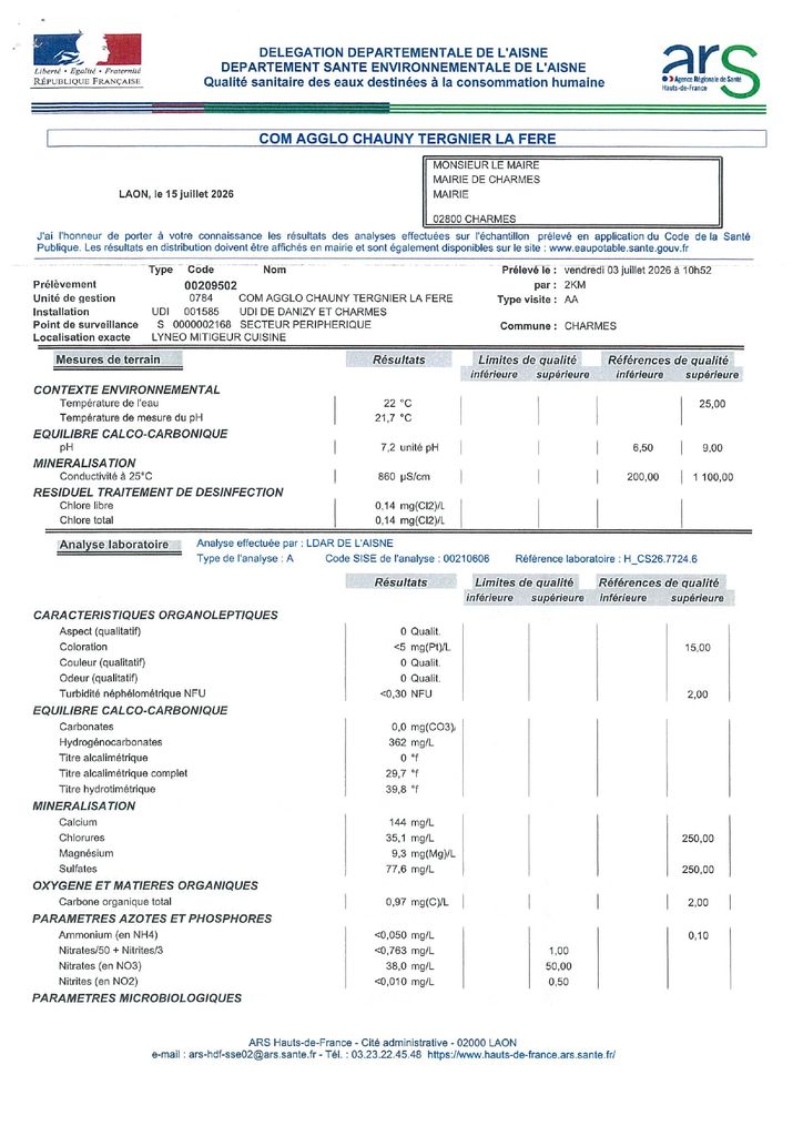Résultats analyses eaux-prélèvement du 03-07-2026 - Commune de Charmes Aisne