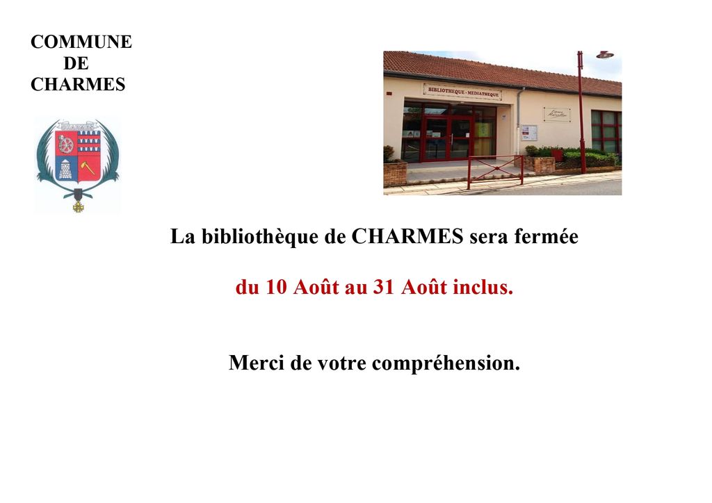 affiche fermeture bibliothèque été 2026 - Commune Charmes Aisne
