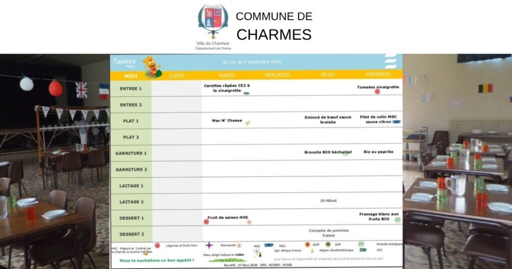 Menus du 1er septembre au 16 octobre 2026 -Une- Commune Charmes Aisne