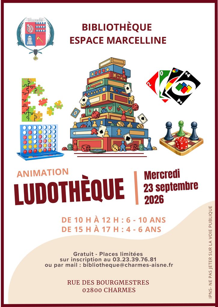 La ludothèque s’installe à la bibliothèque -affiche- Commune Charmes Aisne